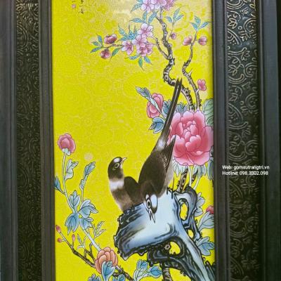 tranh sứ khung gỗ hoạ tiết tứ quý, tranh mầu vàng, tranh trung quốc, tranh sứ, tranh treo phòng khách